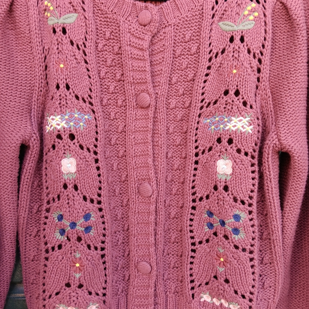 Lucky Brand Dark Mauve Pink Embroidered Button-Up Cardigan